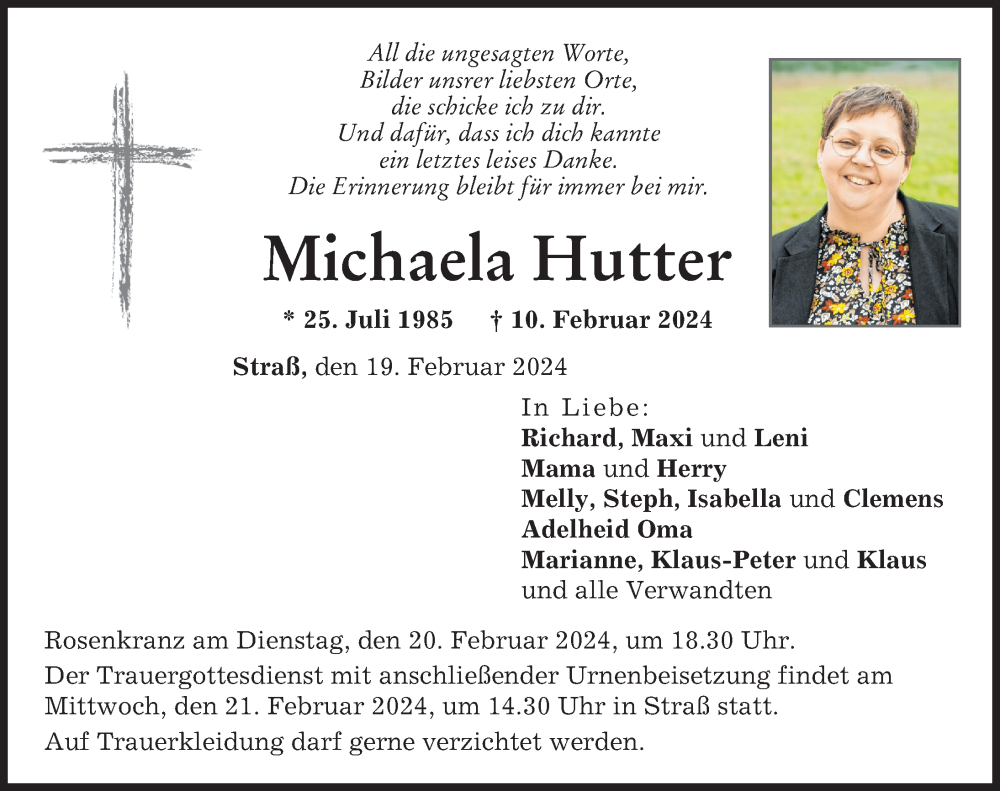 Traueranzeige von Michaela Hutter von Neuburger Rundschau