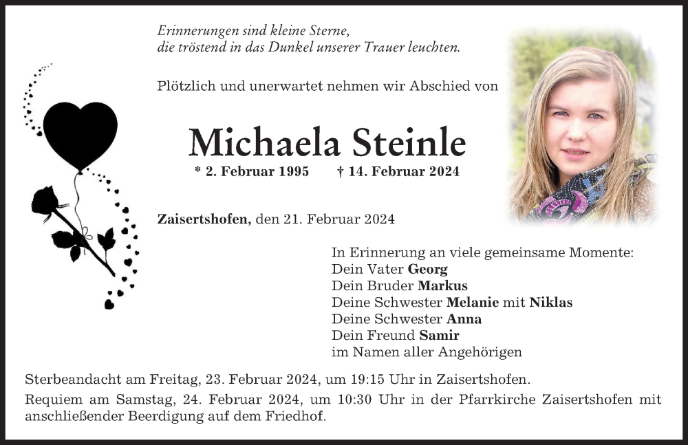  Traueranzeige für Michaela Steinle vom 21.02.2024 aus Mindelheimer Zeitung