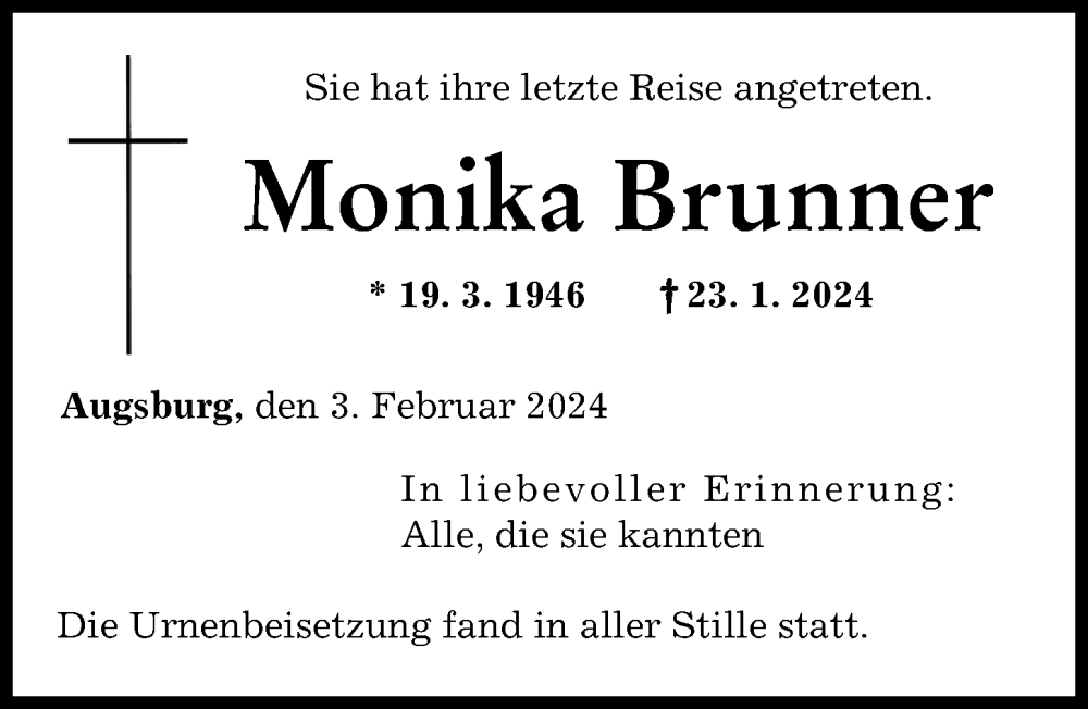 Traueranzeige von Monika Brunner von Augsburger Allgemeine