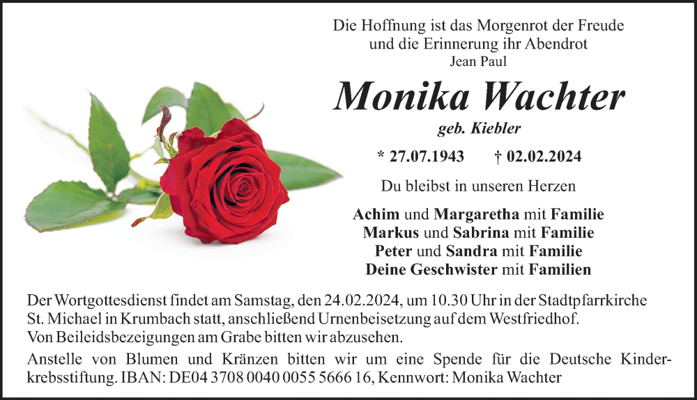  Traueranzeige für Monika Wachter vom 20.02.2024 aus Mittelschwäbische Nachrichten