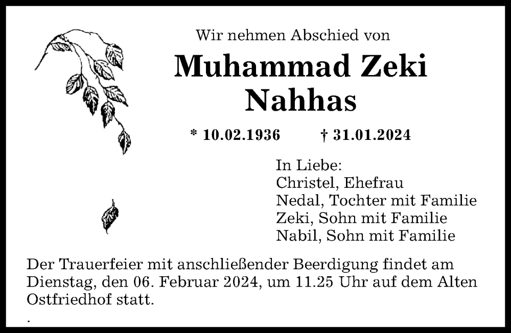 Traueranzeige von Muhammad Zeki Nahhas von Augsburger Allgemeine