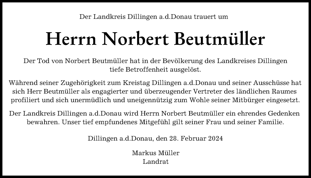 Traueranzeige von Norbert Beutmüller von Wertinger Zeitung, Augsburg-Land