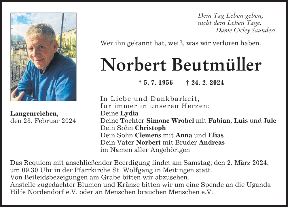 Traueranzeige von Norbert Beutmüller von Wertinger Zeitung, Augsburger Allgemeine