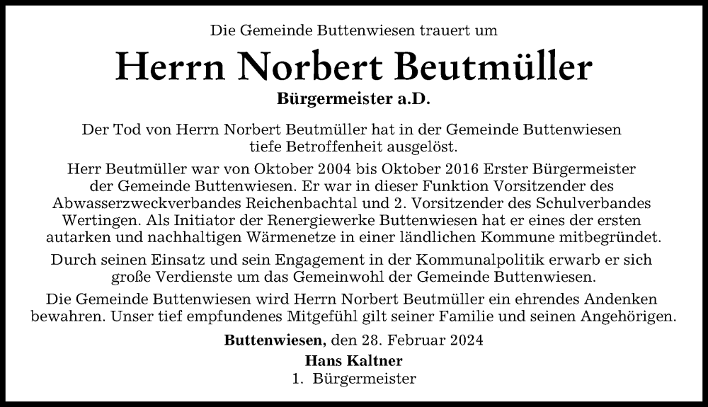 Traueranzeige von Norbert Beutmüller von Augsburg-Land, Wertinger Zeitung
