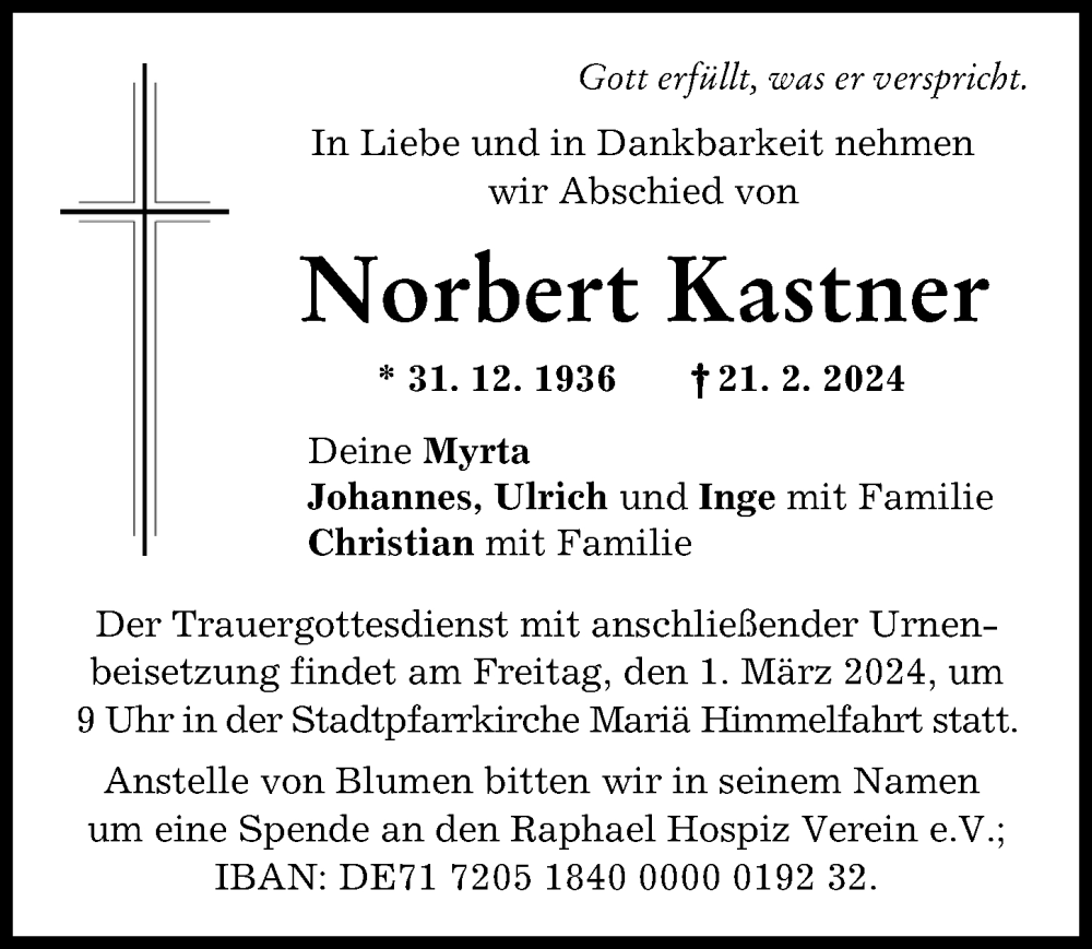 Traueranzeige von Norbert Kastner von Günzburger Zeitung