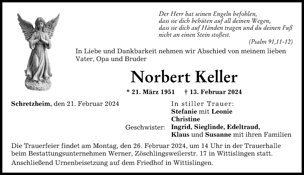  Traueranzeige für Norbert Keller vom 21.02.2024 aus Donau Zeitung