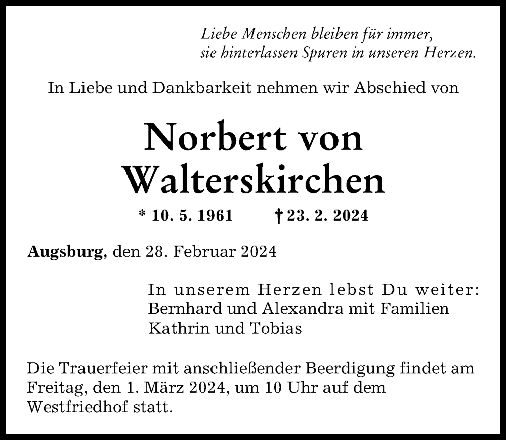 Traueranzeige von Norbert von Walterskirchen von Augsburger Allgemeine