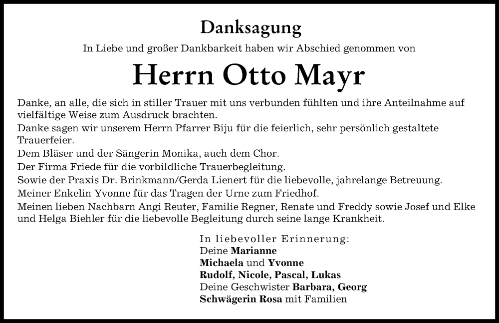 Traueranzeige von Otto Mayr von Wertinger Zeitung