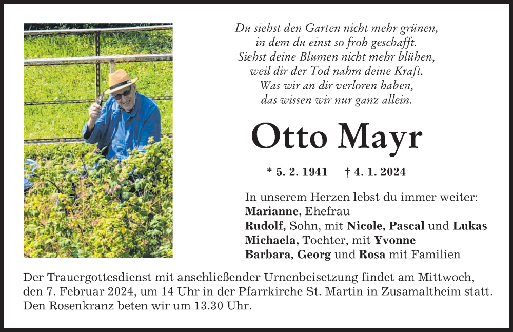 Traueranzeige von Otto Mayr von Wertinger Zeitung