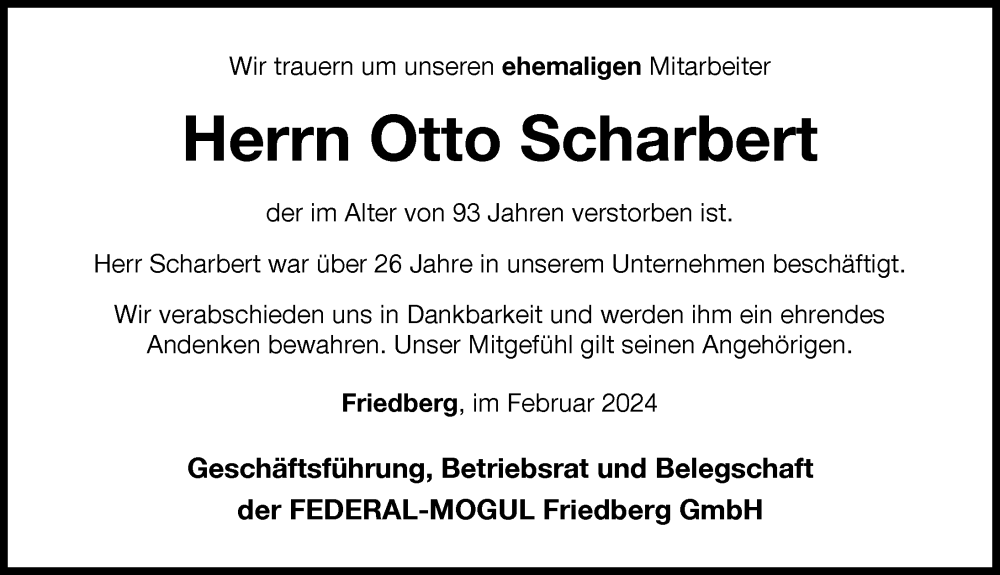 Traueranzeige von Otto Scharbert von Friedberger Allgemeine