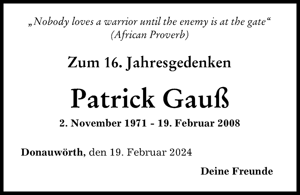  Traueranzeige für Patrick Gauß vom 19.02.2024 aus Donauwörther Zeitung