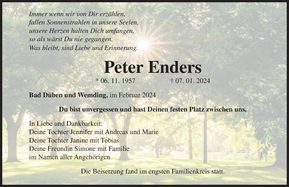 Traueranzeige von Peter Enders von Donauwörther Zeitung