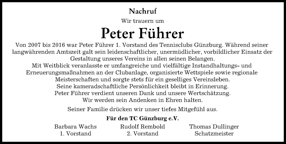 Traueranzeige von Peter Führer von Günzburger Zeitung