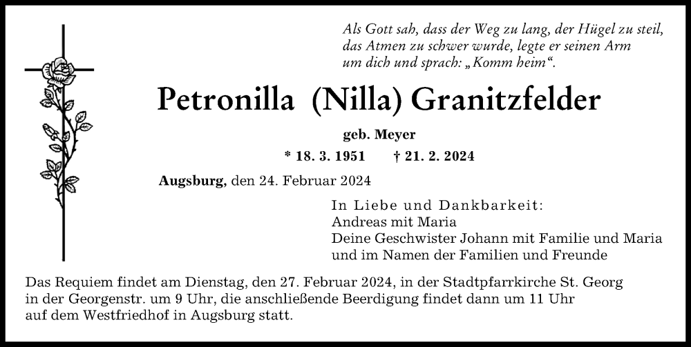 Traueranzeige von Petronilla Granitzfelder von Augsburger Allgemeine