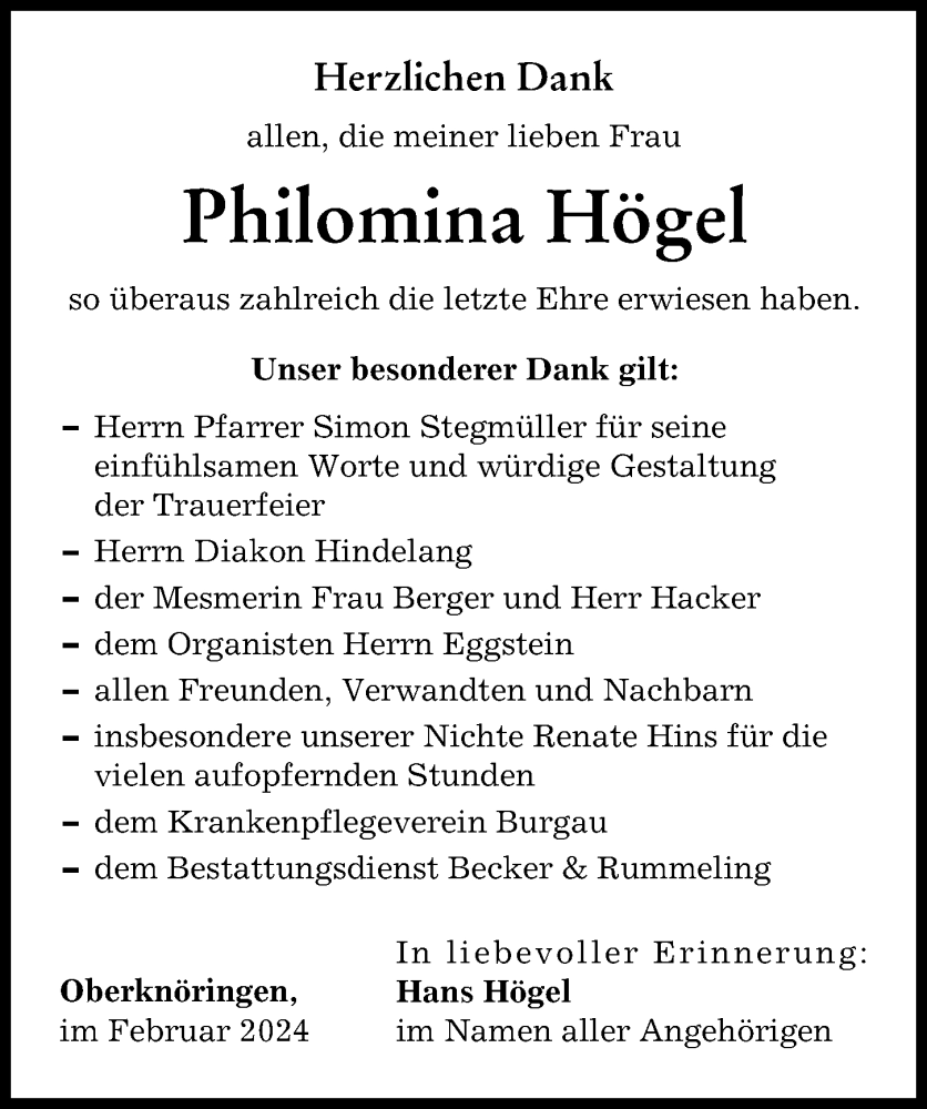  Traueranzeige für Philomina Högel vom 24.02.2024 aus Günzburger Zeitung
