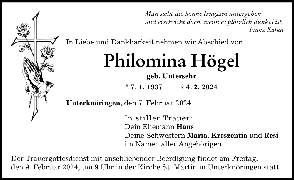  Traueranzeige für Philomina Högel vom 07.02.2024 aus Günzburger Zeitung