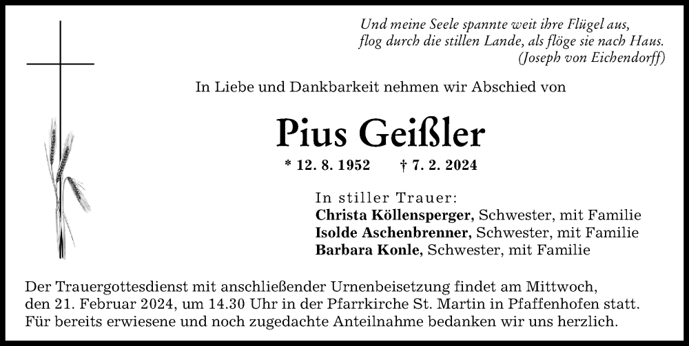 Traueranzeige von Pius Geißler von Wertinger Zeitung