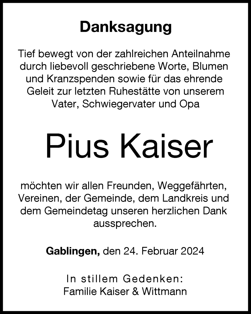 Traueranzeige von Pius Kaiser von Augsburger Allgemeine