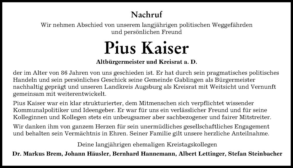 Traueranzeige von Pius Kaiser von Augsburg-Land