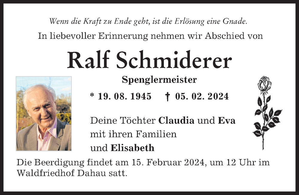  Traueranzeige für Ralf Schmiderer vom 10.02.2024 aus Aichacher Nachrichten