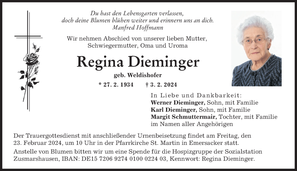 Traueranzeige von Regina Dieminger von Wertinger Zeitung, Augsburg-Land