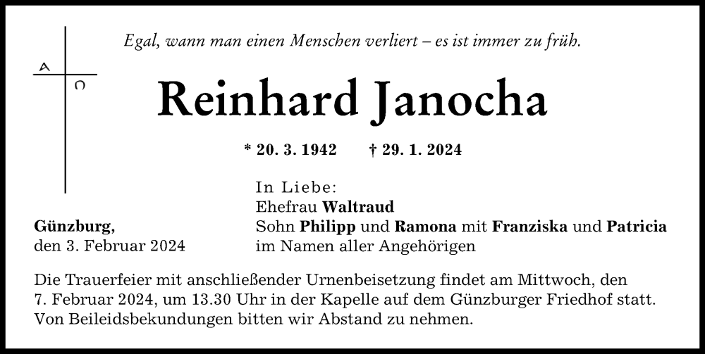 Traueranzeige von Reinhard Janocha von Günzburger Zeitung