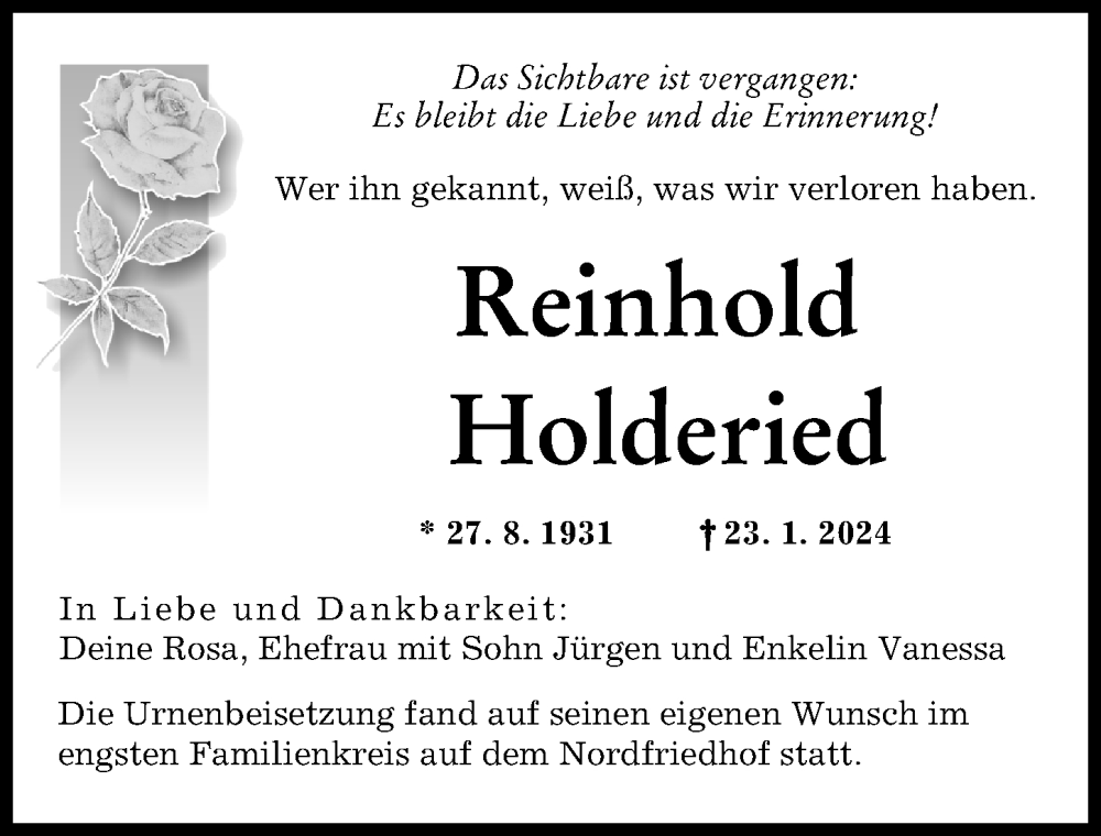 Traueranzeige von Reinhold Holderied von Augsburger Allgemeine