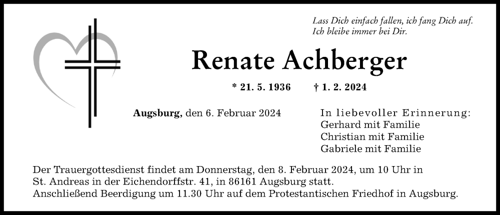 Traueranzeige von Renate Achberger von Augsburger Allgemeine