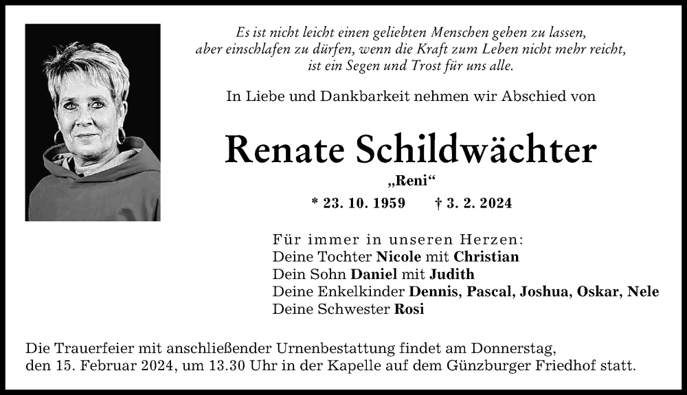  Traueranzeige für Renate Schildwächter vom 10.02.2024 aus Günzburger Zeitung