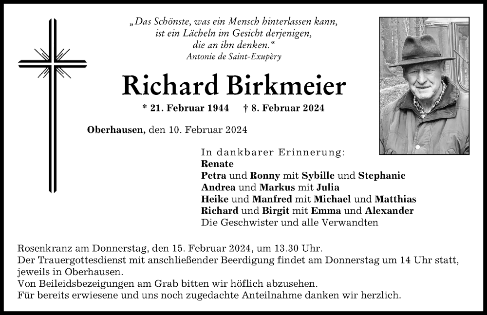  Traueranzeige für Richard Birkmeier vom 10.02.2024 aus Neuburger Rundschau