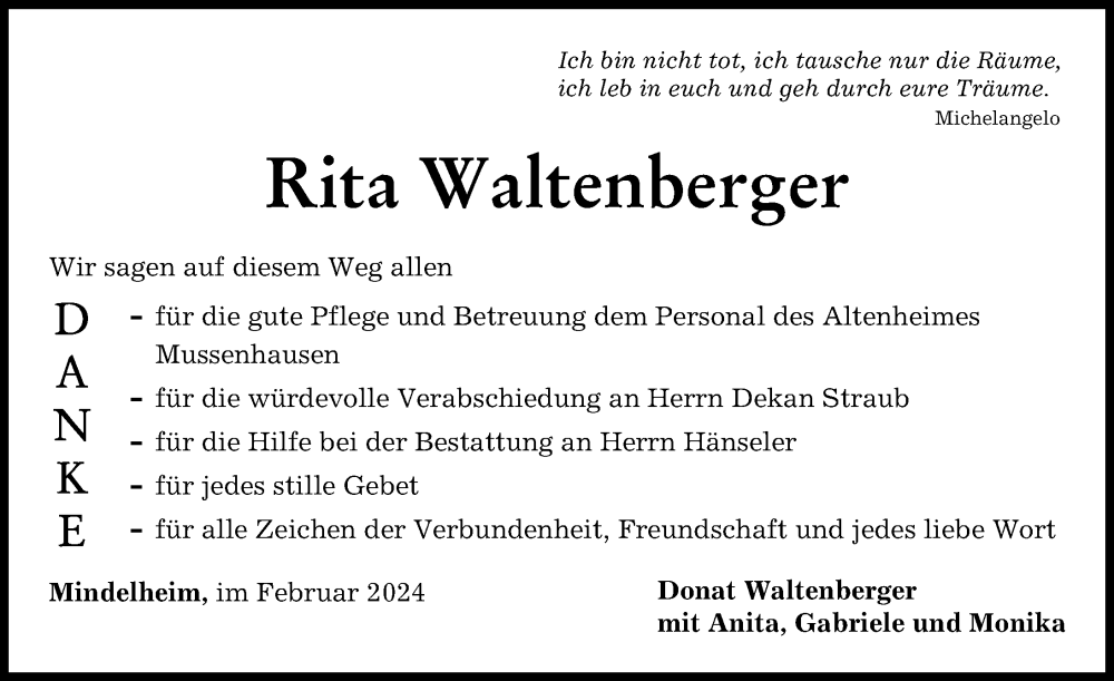 Traueranzeige von Rita Waltenberger von Mindelheimer Zeitung