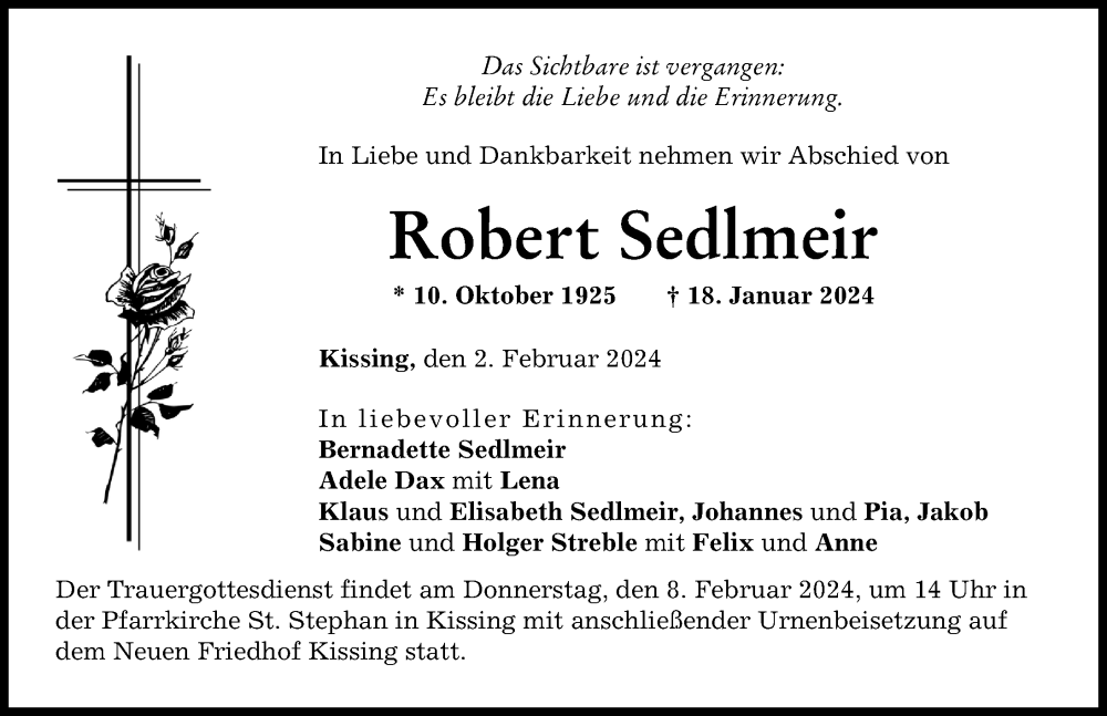 Traueranzeige von Robert Sedlmeir von Friedberger Allgemeine