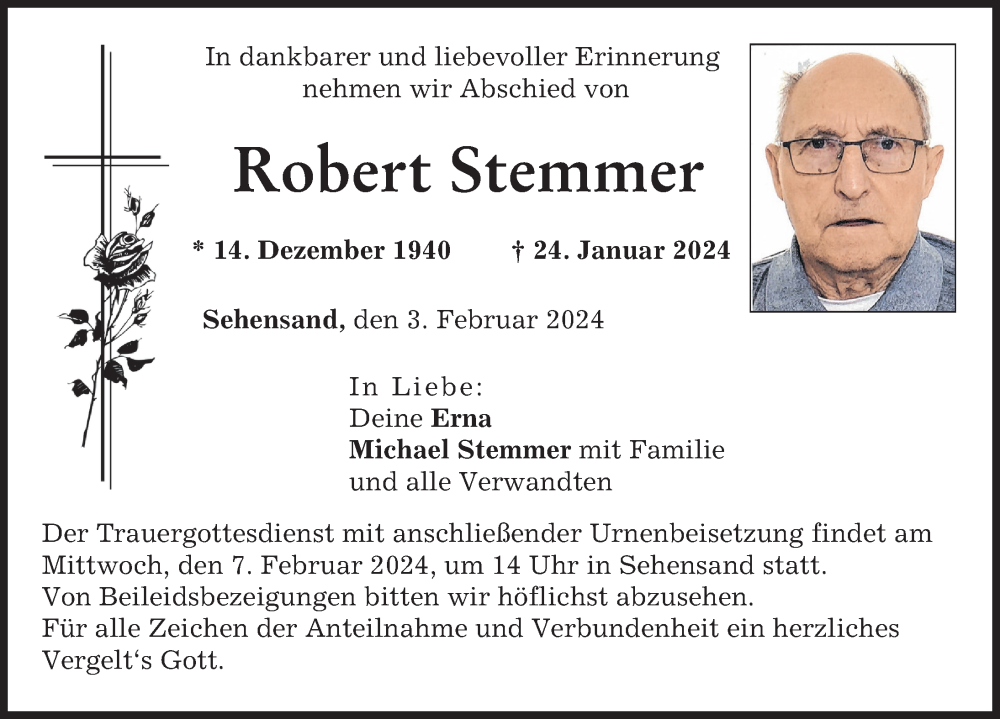 Traueranzeige von Robert Stemmer von Neuburger Rundschau