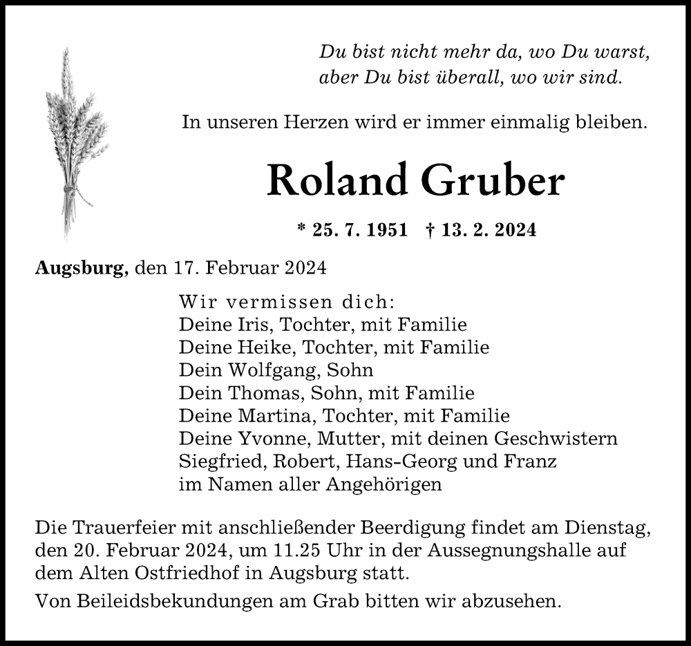  Traueranzeige für Roland Gruber vom 17.02.2024 aus Augsburger Allgemeine