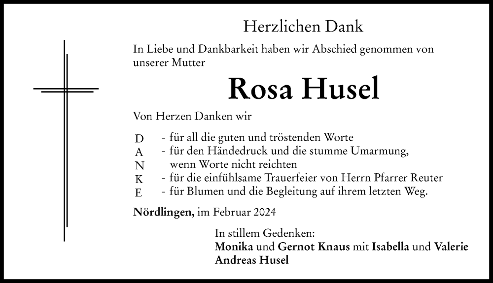 Traueranzeige von Rosa Husel von Rieser Nachrichten