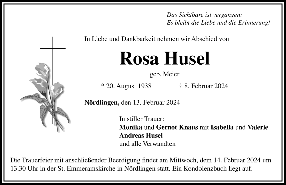 Traueranzeige von Rosa Husel von Rieser Nachrichten