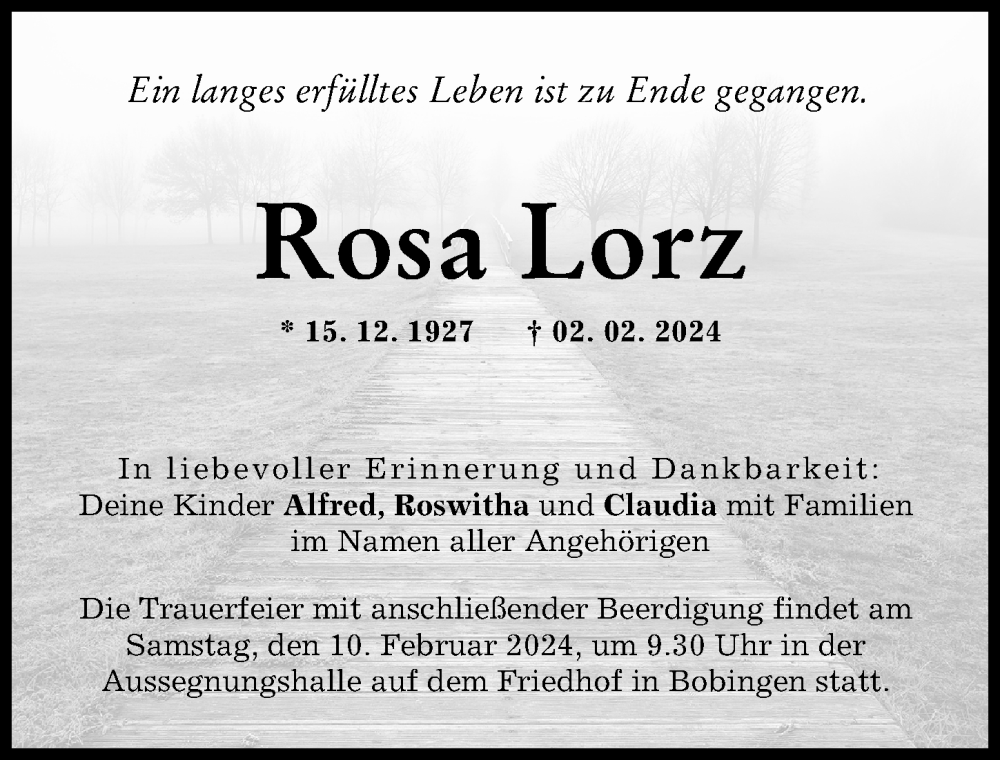 Traueranzeige von Rosa Lorz von Schwabmünchner Allgemeine