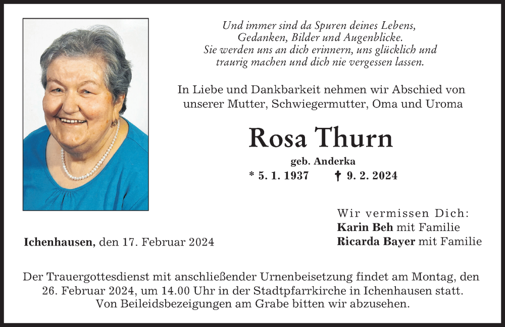 Traueranzeige von Rosa Thurn von Mittelschwäbische Nachrichten, Günzburger Zeitung