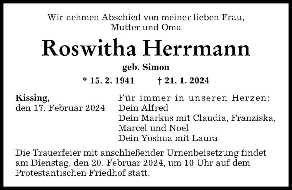 Traueranzeige von Roswitha Herrmann von Augsburger Allgemeine