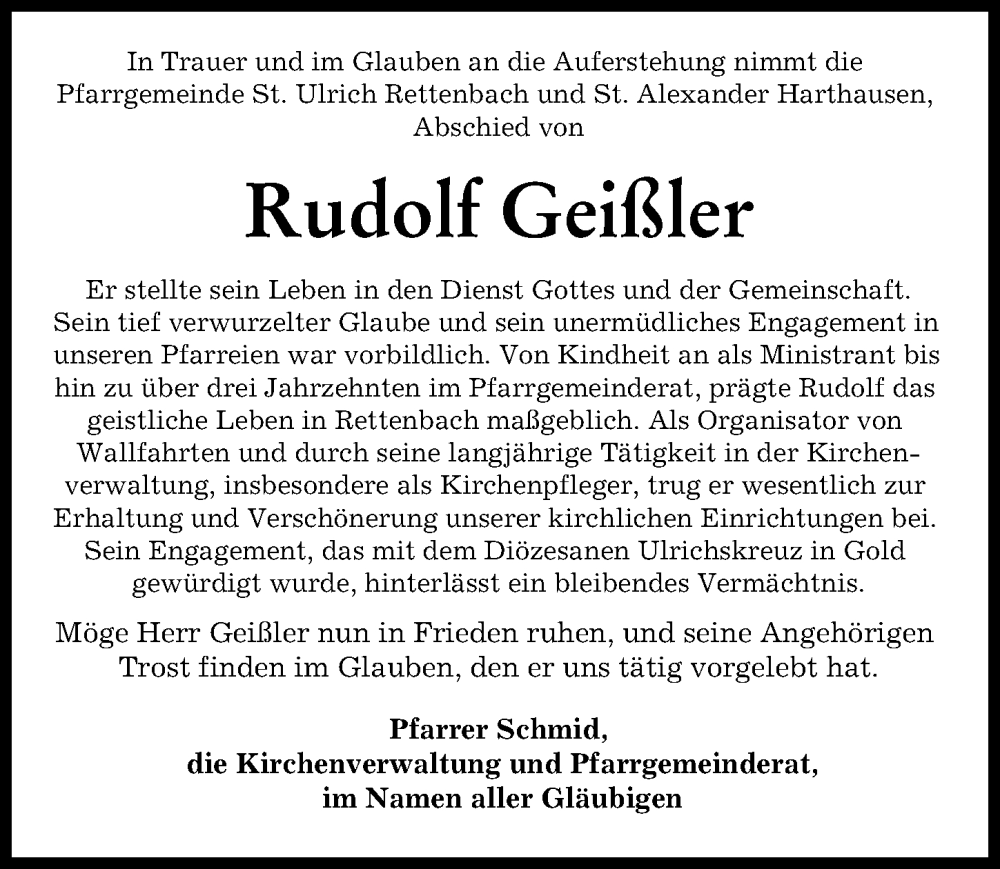 Traueranzeige von Rudolf Geißler von Günzburger Zeitung