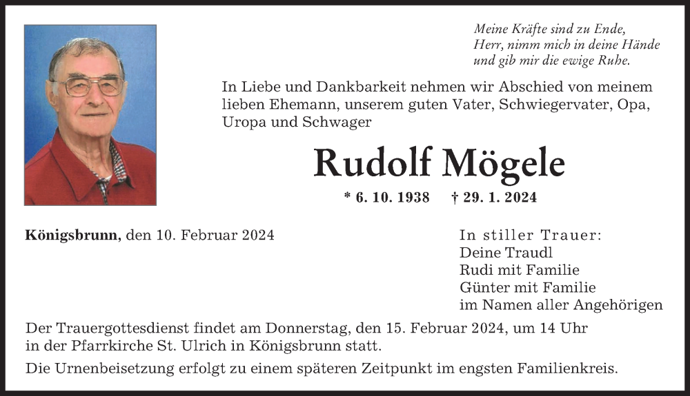 Traueranzeige von Rudolf Mögele von Augsburger Allgemeine