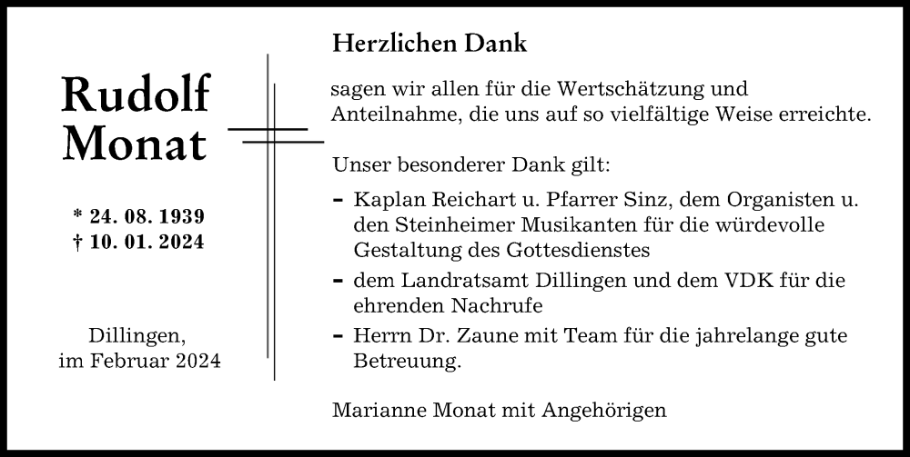 Traueranzeige von Rudolf Monat von Donau Zeitung