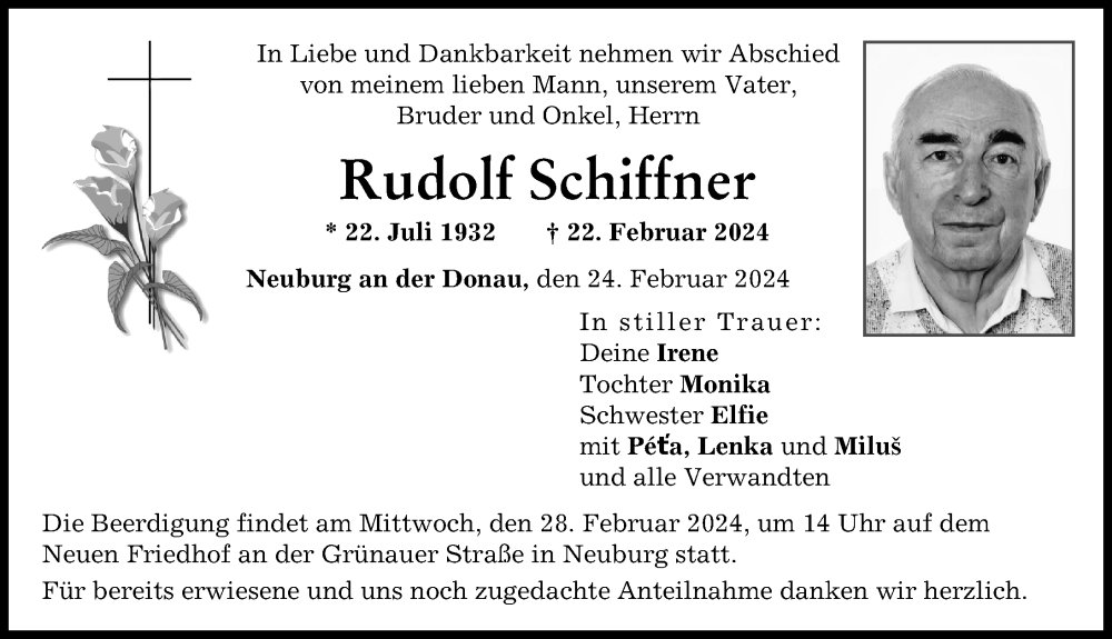 Traueranzeige von Rudolf Schiffner von Neuburger Rundschau
