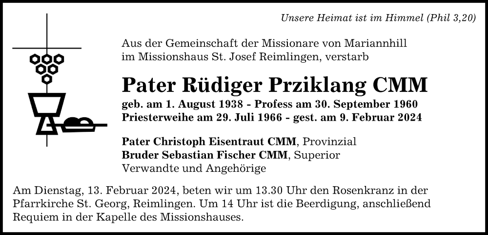 Traueranzeige für Rüdiger Prziklang vom 12.02.2024 aus Rieser Nachrichten