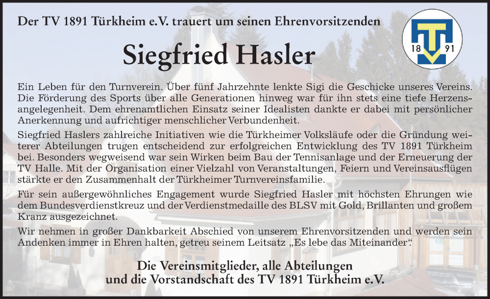 Traueranzeige von Siegfried Hasler von Mindelheimer Zeitung