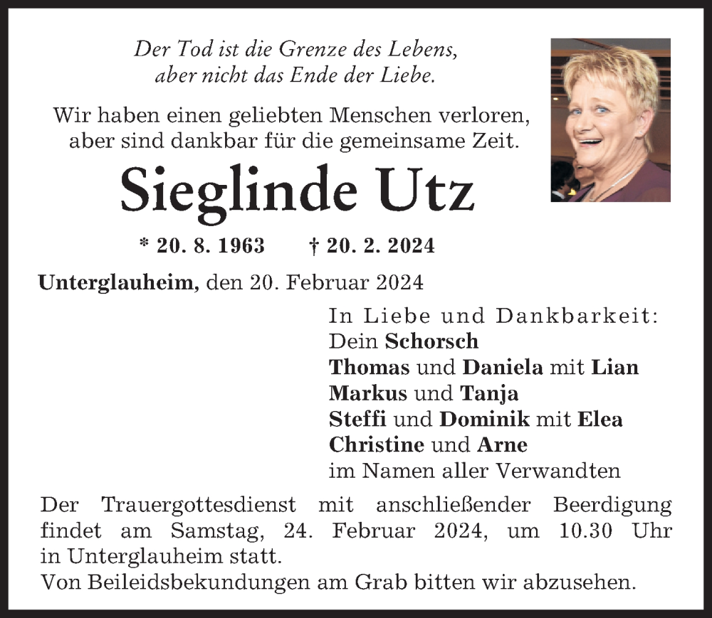 Traueranzeige von Sieglinde Utz von Donauwörther Zeitung