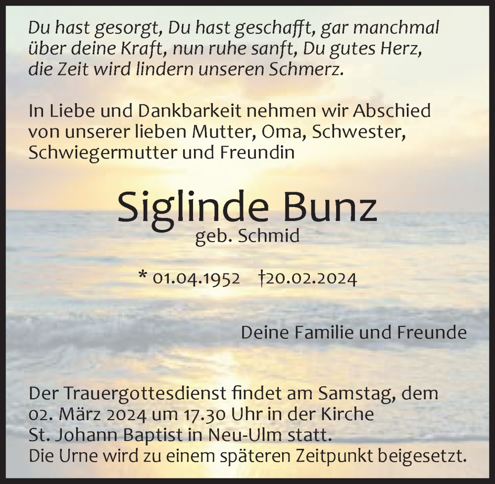 Traueranzeige von Siglinde Bunz von Augsburger Allgemeine, Neu-Ulmer Zeitung
