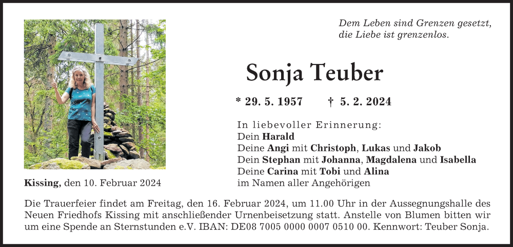  Traueranzeige für Sonja Teuber vom 10.02.2024 aus Friedberger Allgemeine