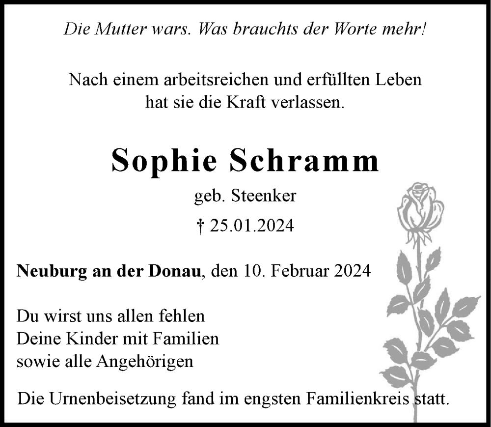 Traueranzeige von Sophie Schramm von Neuburger Rundschau