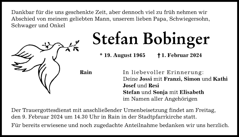 Traueranzeige von Stefan Bobinger von Donauwörther Zeitung